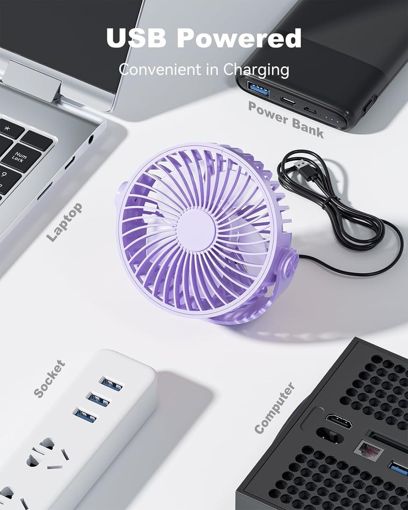 Edvision USB Desk Fan, 5 Inch Mini Portable, 3 Speeds Strong Airflow Personal Desktop, Detachable Cooling Fan 360° Rotation Quiet Small Fan for Desk Home Office Travel Car, Purple, 5ft Cable - Image 4